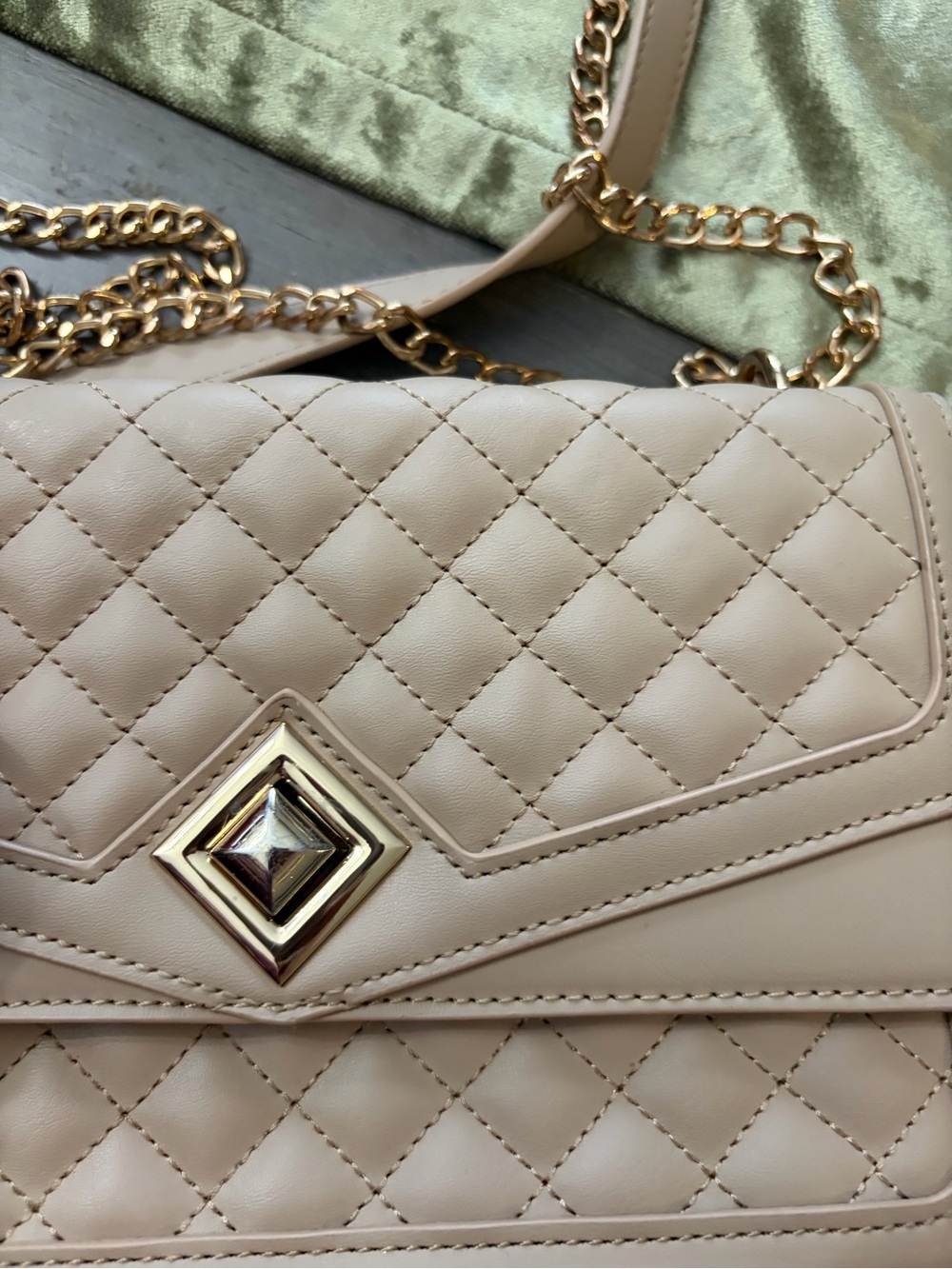 Quilted Taupe Chain Shoulder Bag with Gold Hardware - Picture 12 of 13